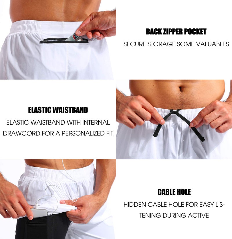 Pudolla Menâ€™s 2 in 1 Running Shorts 5" Quick Dry Gym Athletic Workout Shorts for Men with Phone Pockets(White Medium) - Image 5